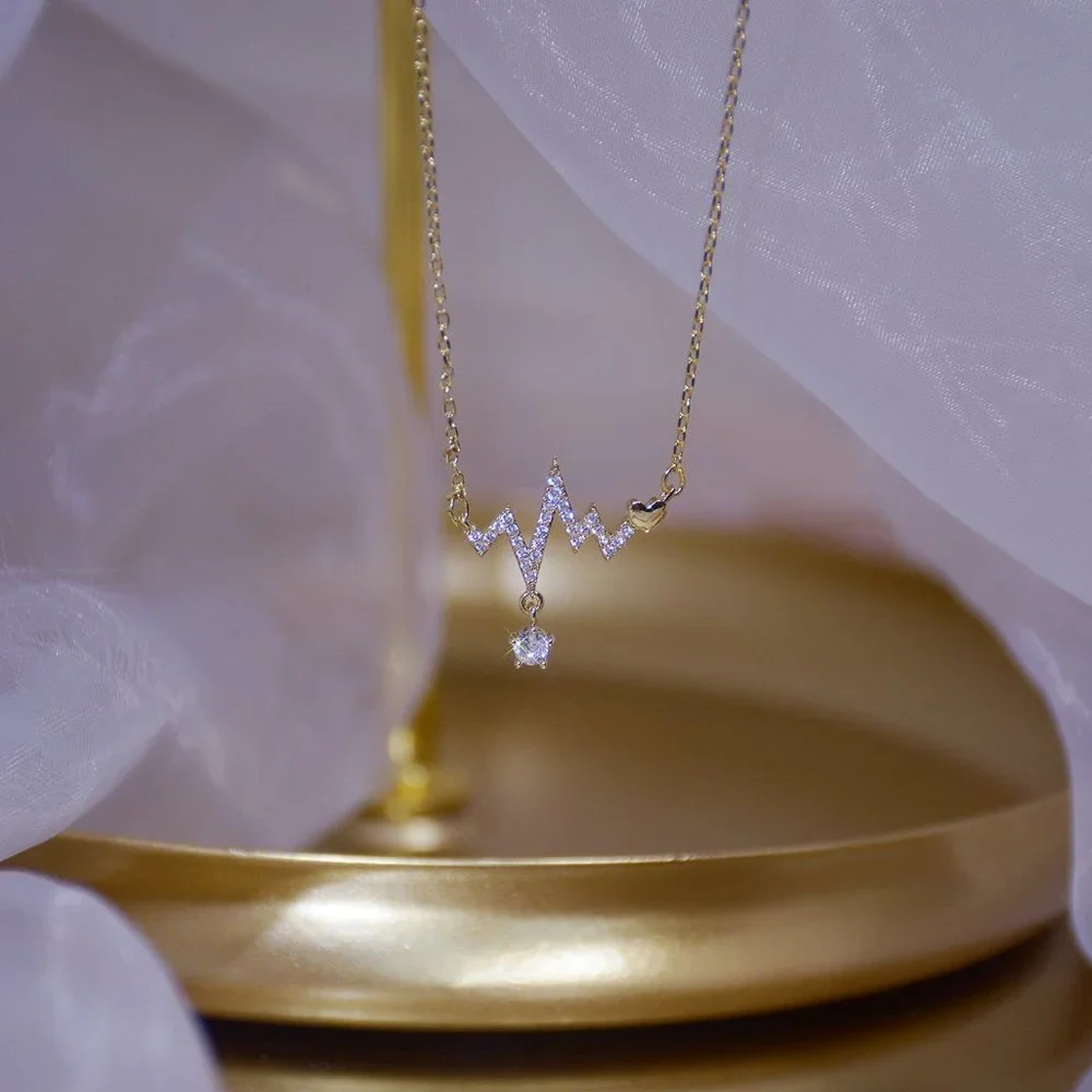 NEW 14K Gold Plated Diamond Heartbeat Necklace